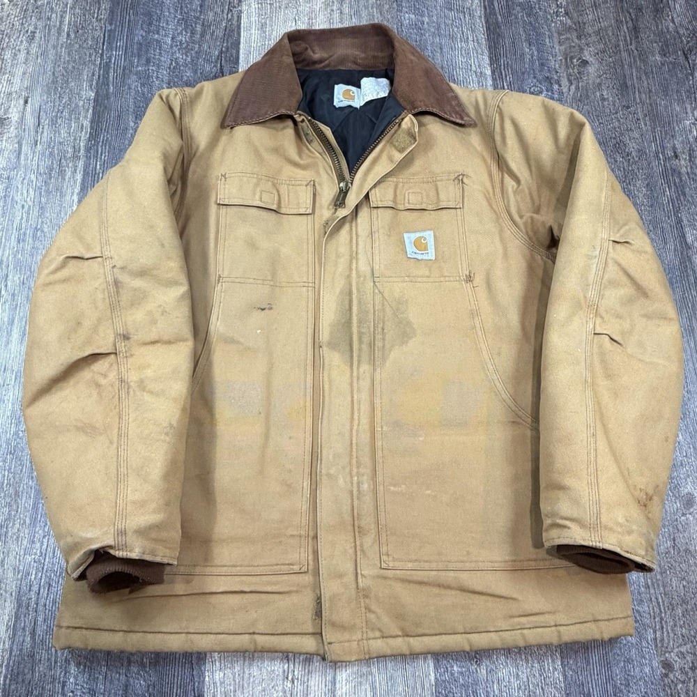 Vintage Carhartt Duck Chore Coat Jacket Brown Quilted Lined USA Mens L / XL